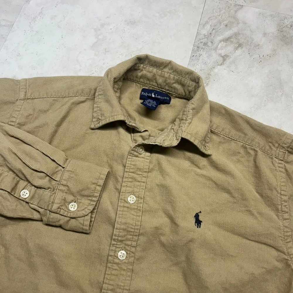 Ralph Lauren Corduroy Shirt Tan Boys Size M 12/14 Khaki Button Down Preppy